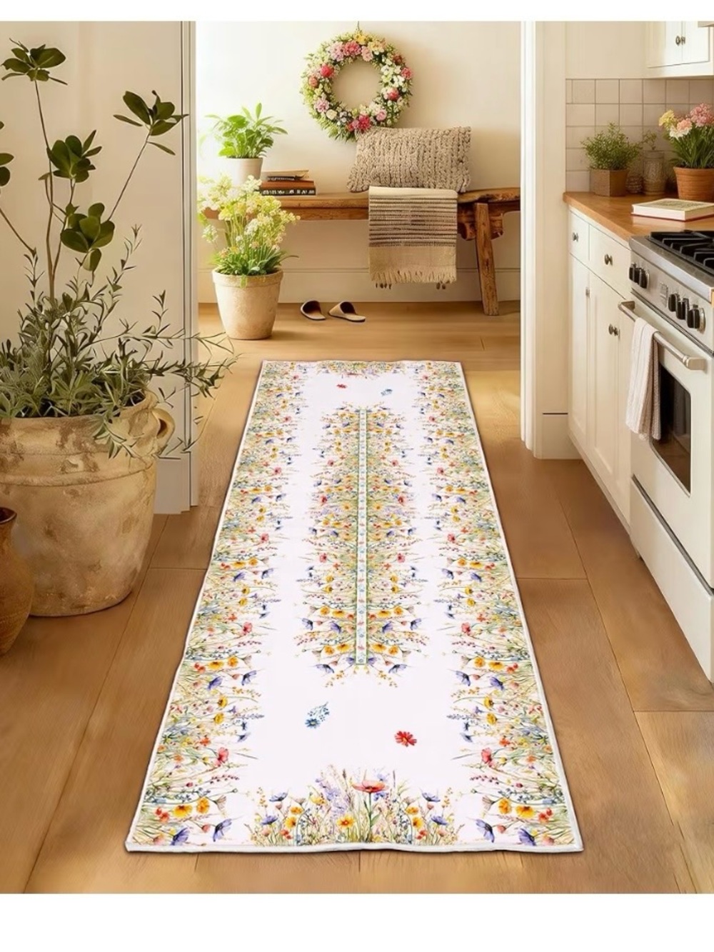 Floral Garden Runner Rug - White with Multicolor Floral Border